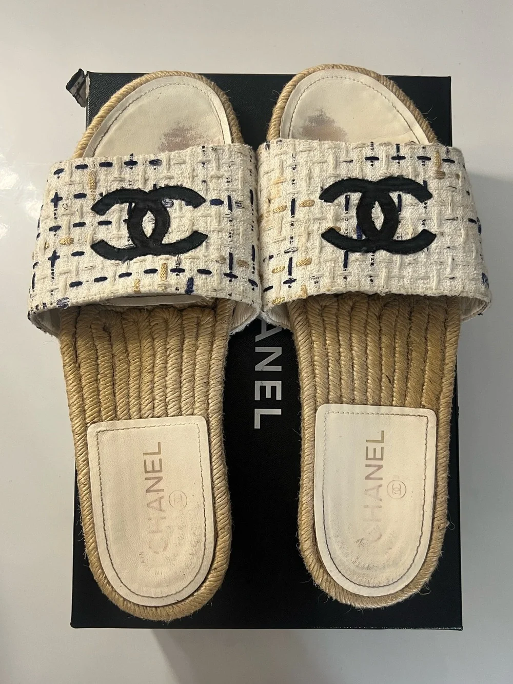 CHANEL White Tweed Slide Sandals with Black Logo